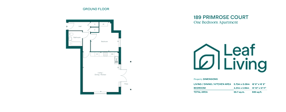 A floor plan for a one bedroom apartment at Leaf Living.