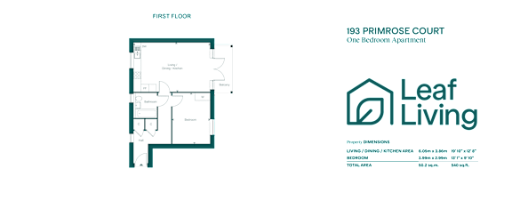 A floor plan of a one bedroom apartment is shown.