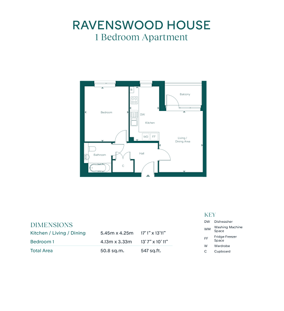 A floor plan and dimensions of a 1 bedroom apartment named Ravenswood House.
