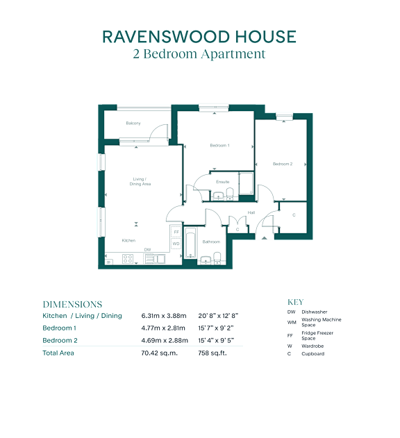A floor plan for a 2 bedroom apartment with a kitchen, living room, and bathroom.