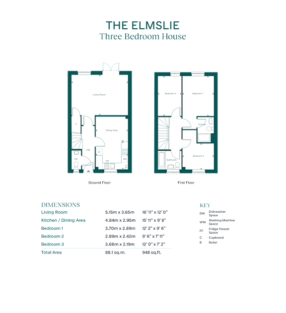 A floor plan for a three bedroom house with a living room, dining room, two bedrooms, and a bathroom.