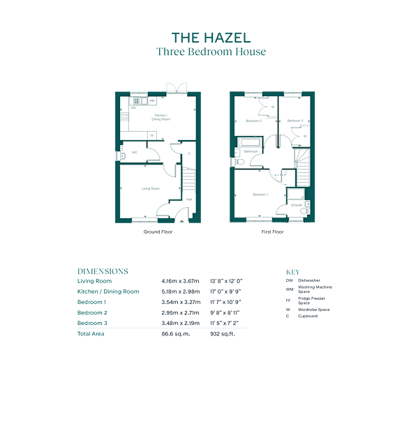 A floor plan and dimensions of a three bedroom house called The Hazel.