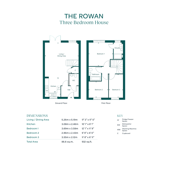 A floor plan and details of a three bedroom house named The Rowan.