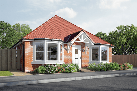 A red brick house with white windows and a white door.