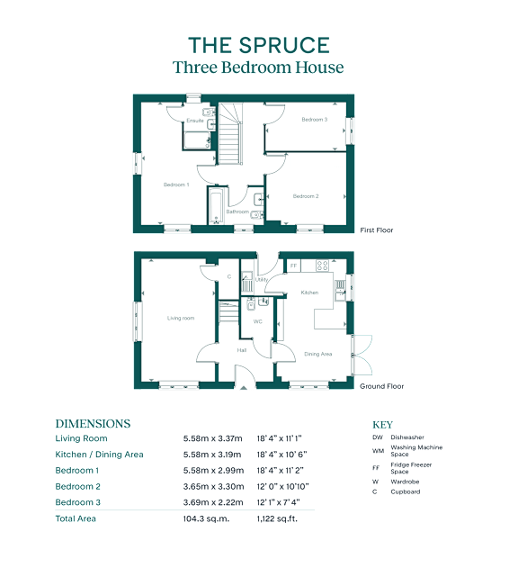 A floor plan for a three bedroom house with a living room, kitchen, dining area, and bathrooms.