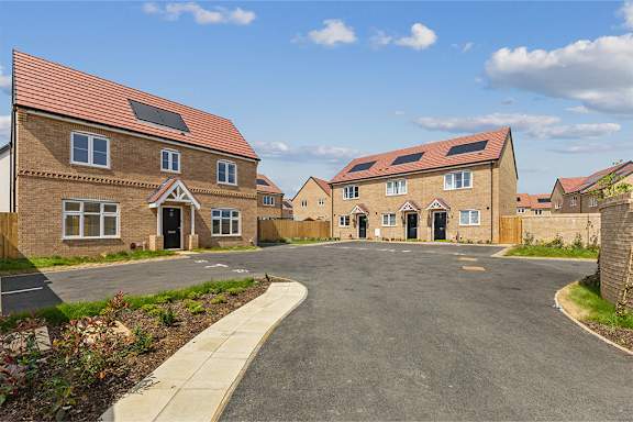 A residential area with houses and a paved road.