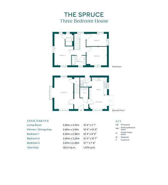 A floor plan for a three bedroom house called The Spruge is shown.