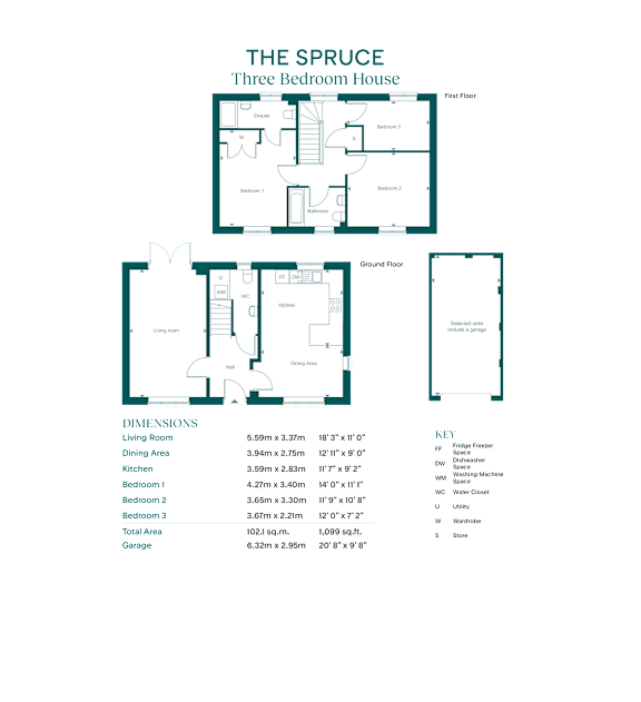 The image shows a floor plan and details of a three-bedroom house named The Spruce.