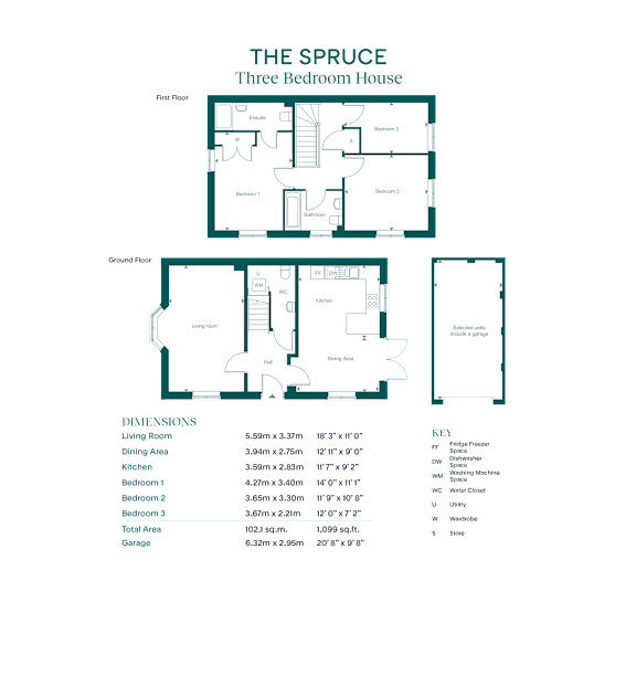 The image shows a floor plan for a three-bedroom townhouse with labeled rooms and dimensions.