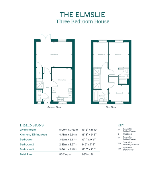A floor plan and dimensions of a three bedroom house called The Elmslie.