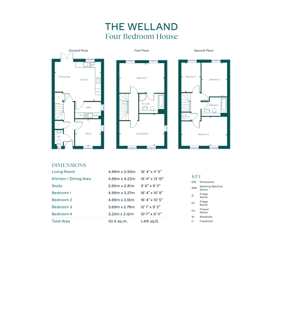 The image shows a floor plan for a four bedroom house with a detailed description of the dimensions and features of each room.