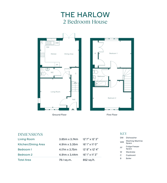 A floor plan for a 2 bedroom house with a kitchen, dining area, living room, and bathroom.