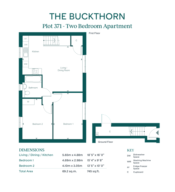 A floor plan for a two bedroom apartment at The Buckthorn.
