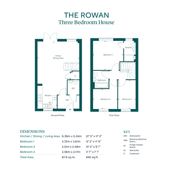 A floor plan for a three bedroom house with a living/dining area and kitchen.