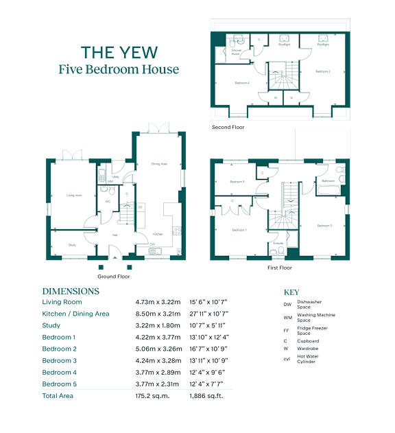 A diagram of a five bedroom house with a living room, study, and five bedrooms is shown.