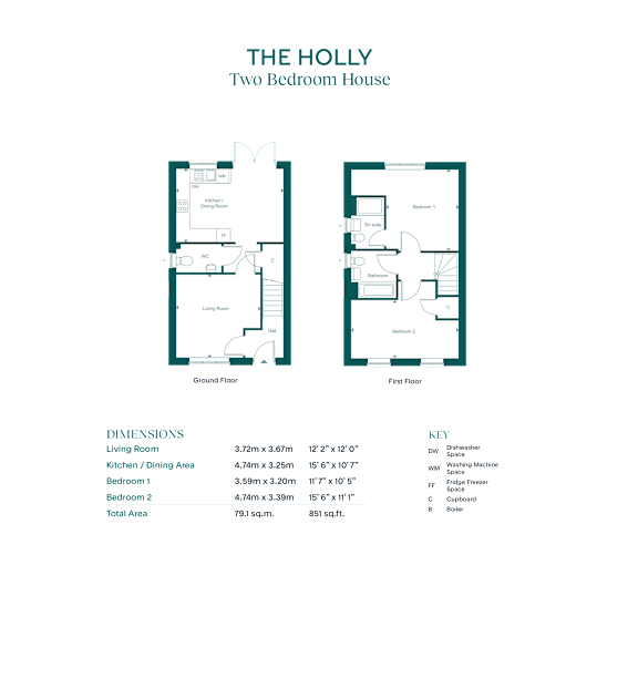 A floor plan for "The Holly Two Bedroom House" with two different layouts and a table with measurements.