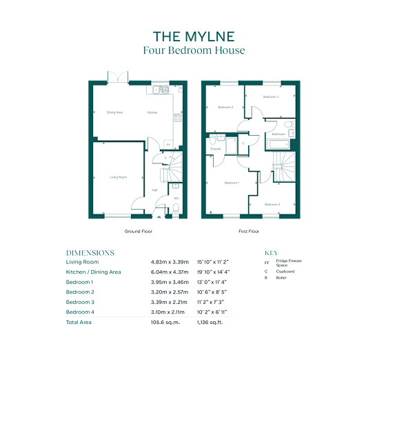 A floor plan for a four bedroom house is displayed with two different color schemes.