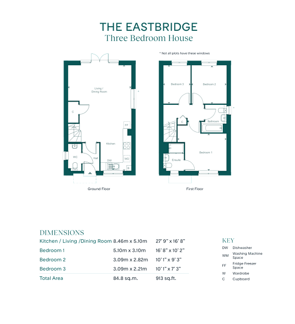 A floor plan for a three bedroom house is displayed with a key indicating the rooms.