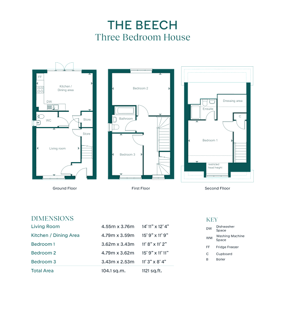 A diagram shows the layout of a three bedroom house with dimensions and a list of features.