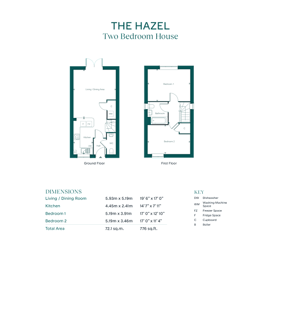 A floor plan for a two bedroom house is displayed with dimensions and a list of features.