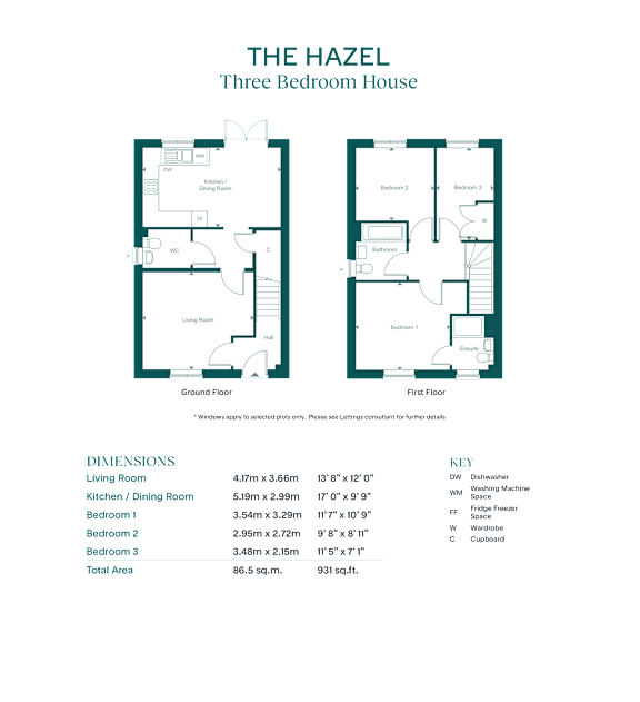 A floor plan and dimensions of a three bedroom house named The Hazel.
