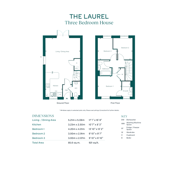 A floor plan for a three-bedroom house is displayed with detailed room dimensions and appliance specifications.