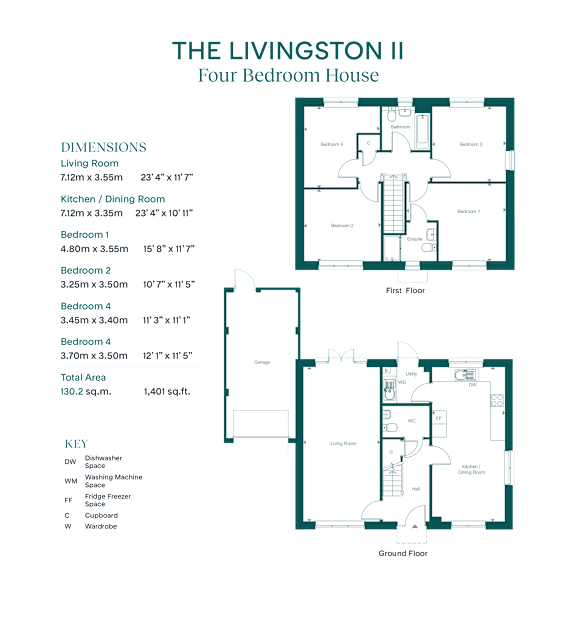 The image shows a floor plan and dimensions of a four bedroom house called The Livingston II.