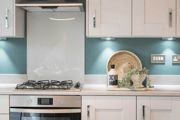 A modern kitchen with a stove and a countertop with a bottle and a plant.