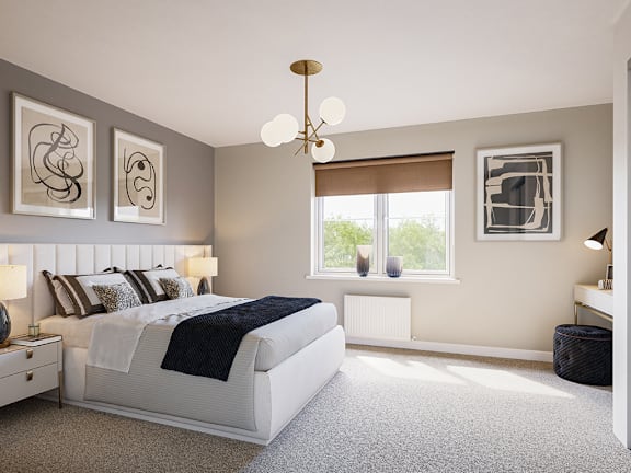 A bedroom with a large bed and a chandelier.