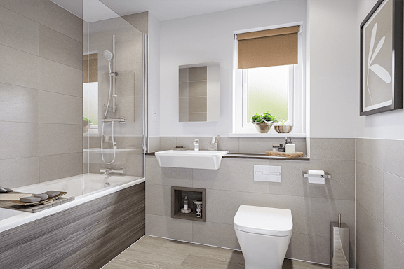 A modern bathroom with a white toilet, a glass shower stall, and a window with blinds.