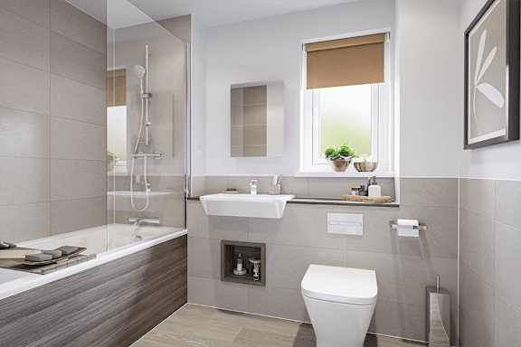 A modern bathroom with a white toilet, a glass shower stall, and a window with blinds.