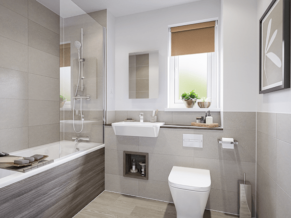 A modern bathroom with a white toilet, a glass shower stall, and a window with blinds.