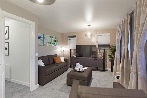 A living room with a brown couch and a television.