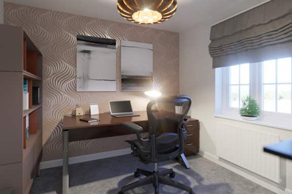 A brown desk with a laptop and a phone on it.