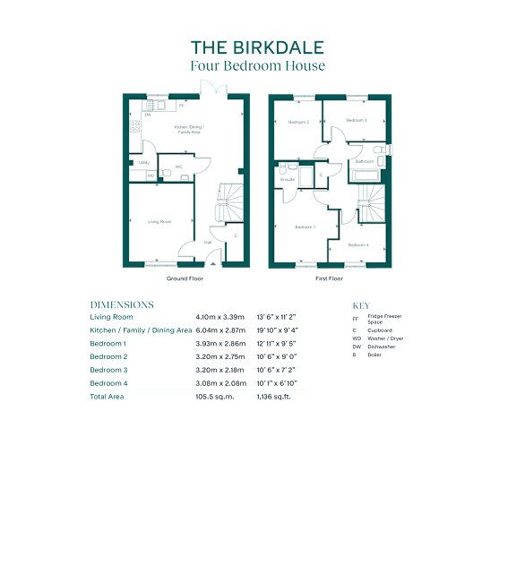 A floor plan and dimensions of a four bedroom house named The Birkdale.