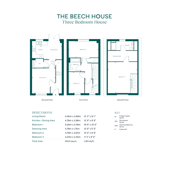 The Beech House is a three-story house with a living room, dining room, kitchen, and two bathrooms.