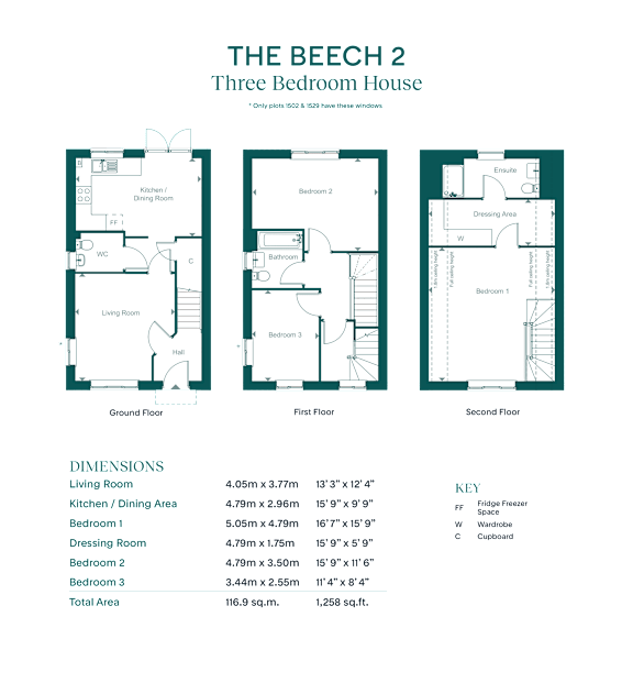 A floor plan for a three bedroom house is displayed with labeled rooms and dimensions.