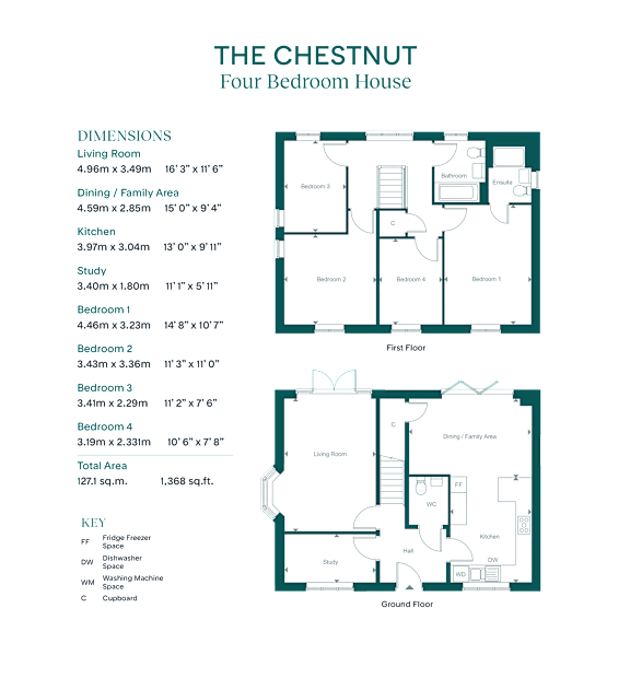 A floor plan of a four bedroom house with a living room, dining room, kitchen, study, and two bathrooms.