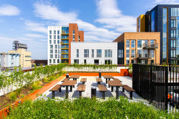 a communal terrace with tables and benches in a city