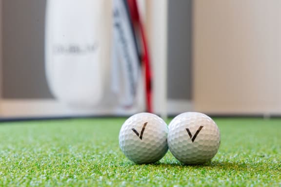 two golf balls sitting next to each other on the grass