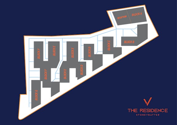 A graphic of a building layout with the name "The Residence" and "Stoneybatter" written below it.