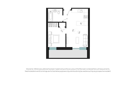 A floor plan of a house with a kitchen, living room, and two bedrooms.