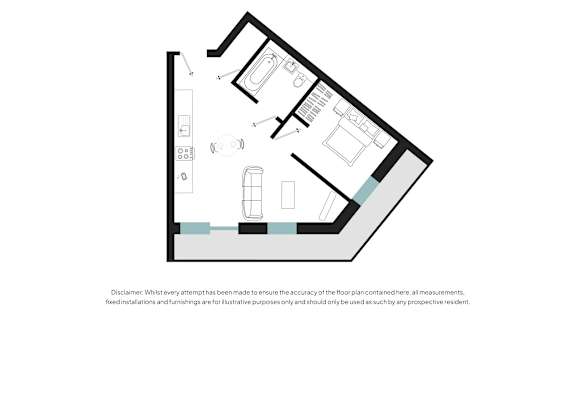 A floor plan of a house with a kitchen, living room, and two bedrooms.