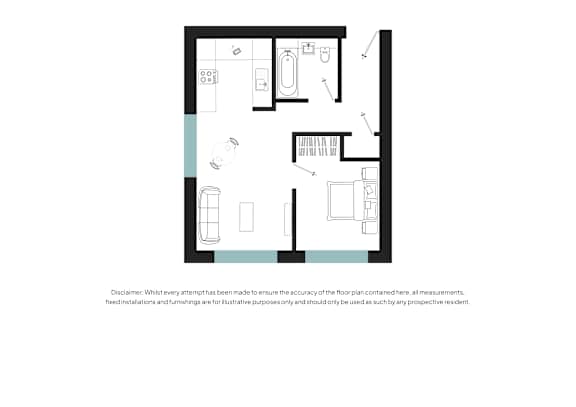 A floor plan of a house with a kitchen, living room, and two bedrooms.