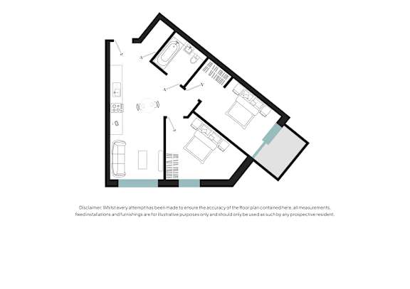 A floor plan of a house with a kitchen, living room, and two bedrooms.