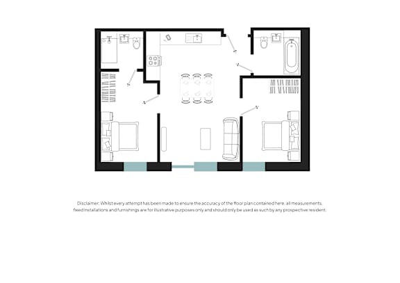 A floor plan of a house with a kitchen, living room, and two bedrooms.