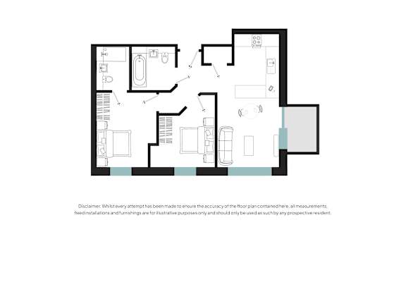 A floor plan of an apartment with a kitchen, living room, and two bedrooms.