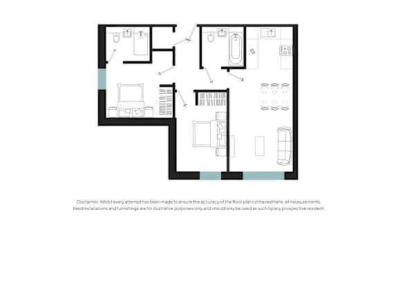 A floor plan of a house with a kitchen, living room, and two bedrooms.