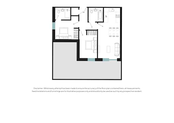 A floor plan of a house with a kitchen, living room, and two bedrooms.