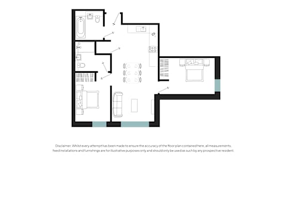 A floor plan of a house with a kitchen, living room, and two bedrooms.